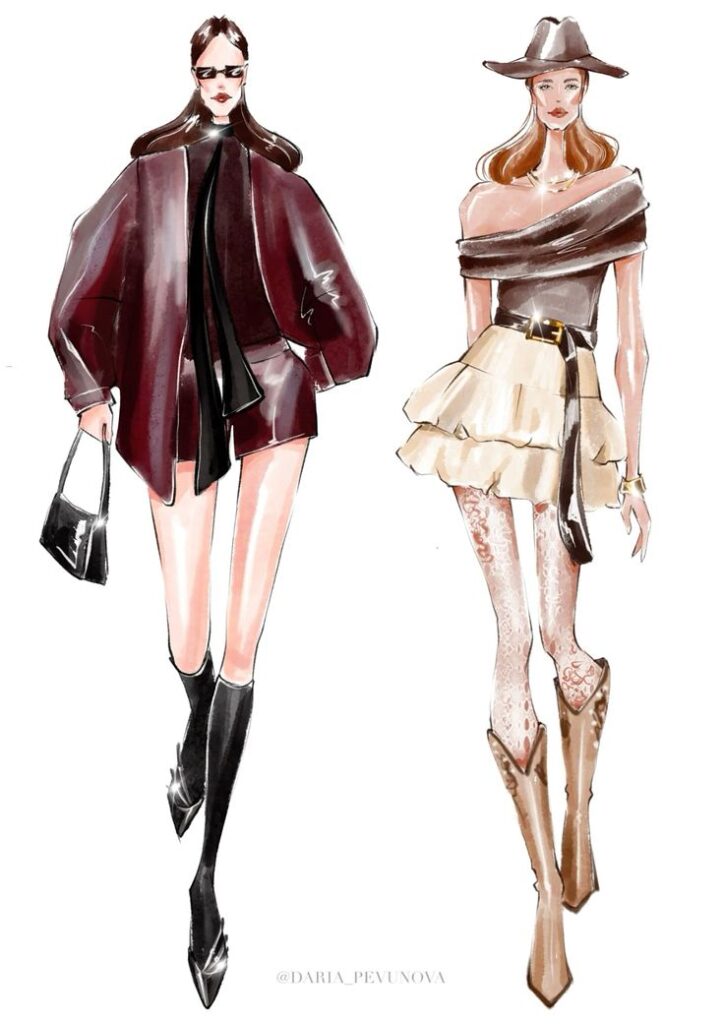 Fashion illustration of two chic outfits: one in dark tones with trench coat, the other in beige with a hat and boots.