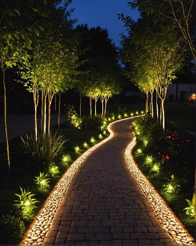 Illuminated garden path with stone edging and trees, beautifully lit at night, creating a serene outdoor ambiance.