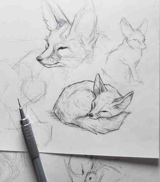 Pencil sketches of fennec fox, showcasing various poses on paper with drawing pen nearby.