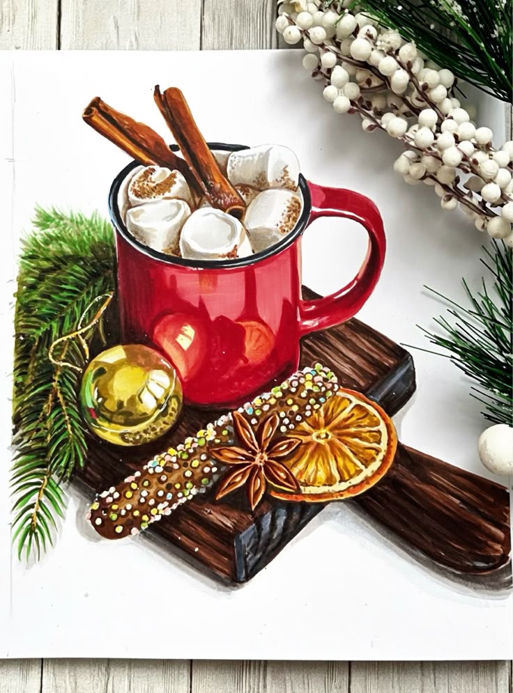 Новогоднее какао_ Новый год Red mug with marshmallows, cinnamon, and orange slice on a wooden board. Festive decoration with pine branches. | Sky Rye Design Red mug with marshmallows, cinnamon, and orange slice on a wooden board. Festive decoration with pine branches.