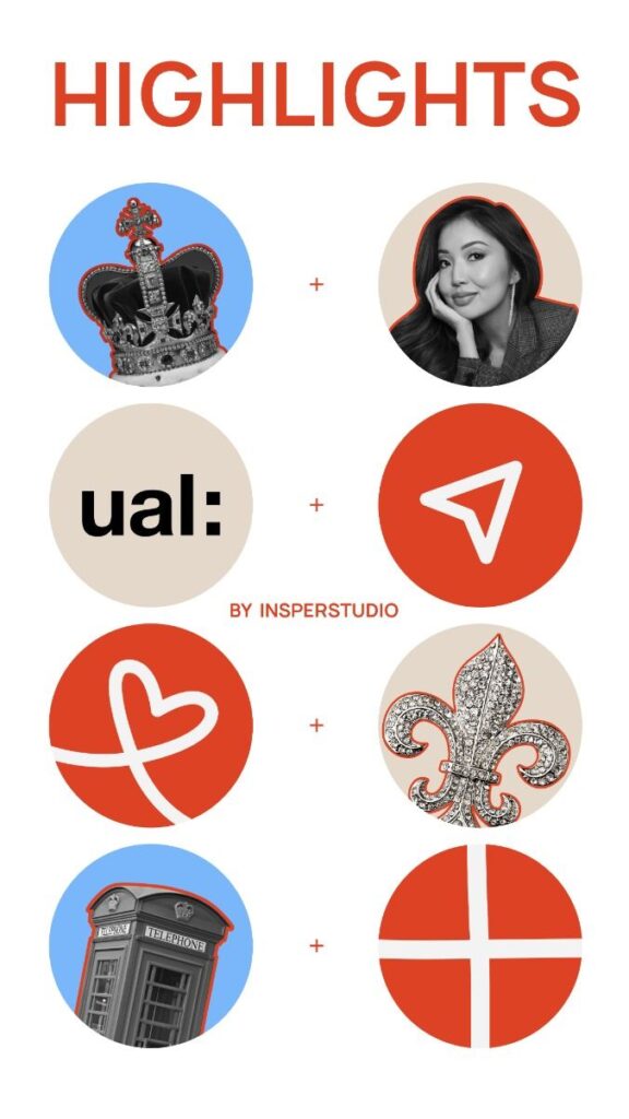 Collage of icons including a crown, portrait, phone booth, and motifs by Insperstudio, titled Highlights.