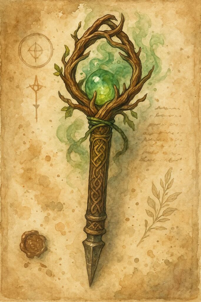 Fantasy illustration of a magical wooden staff with a glowing green orb and intricate designs on parchment background.