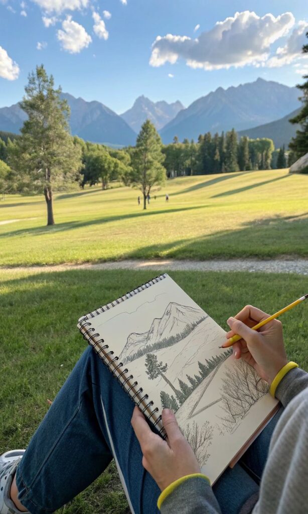 Person sketching a beautiful mountain landscape in a notebook, surrounded by trees and nature, under a sunny sky.