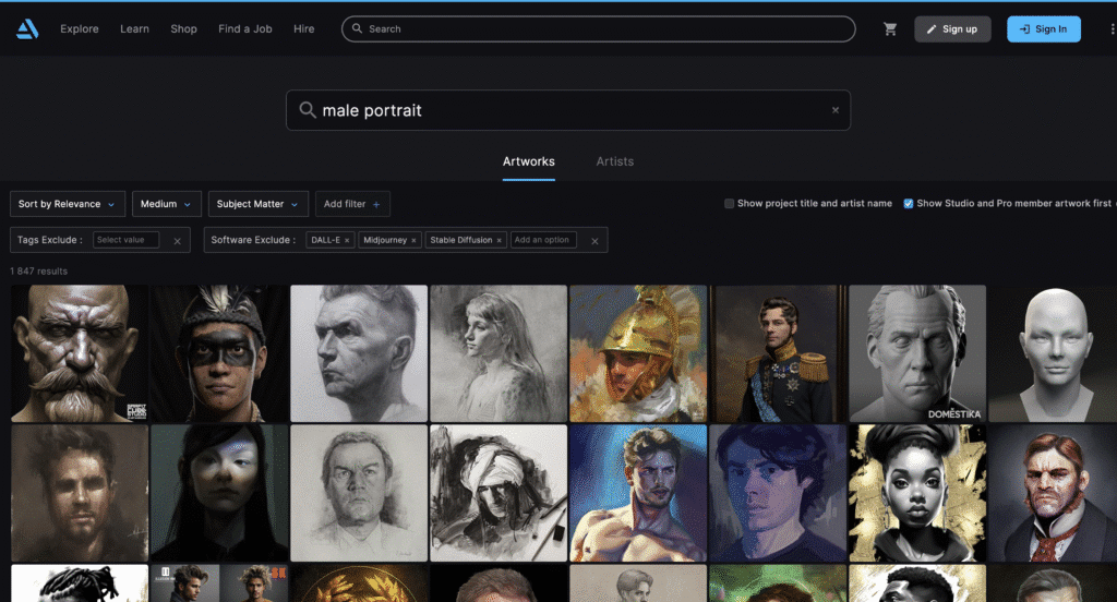 Online gallery of diverse male portraits in digital art styles and sketches, sorted by relevance. Website interface visible.
