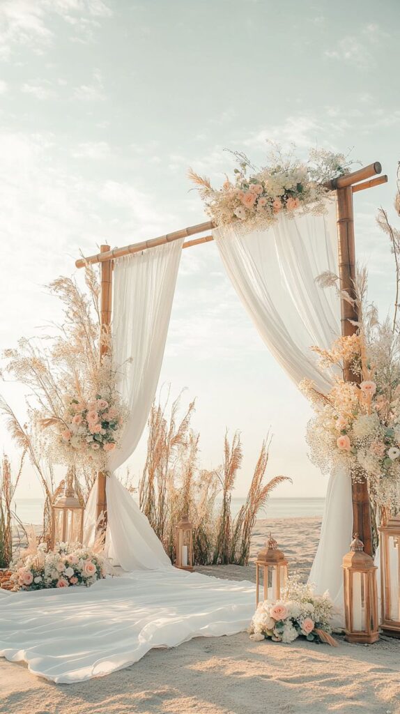Beach wedding arch with flowers and draped fabric, set against a serene ocean backdrop under a clear sky.