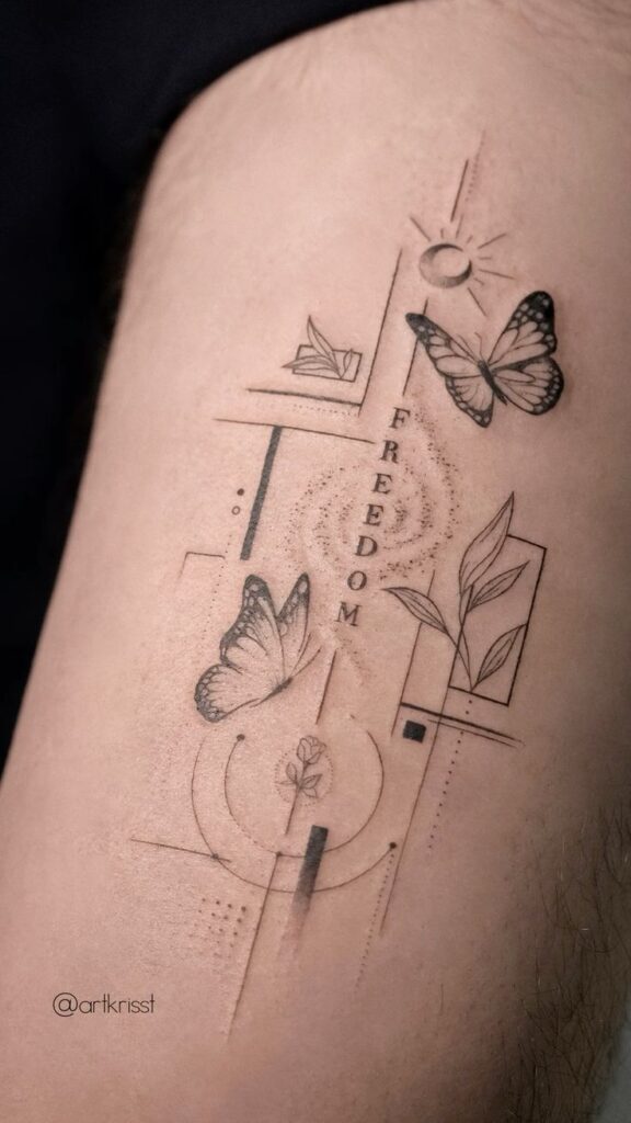 Geometric butterfly tattoo with freedom text, abstract design, flowers, and sun on skin. Art by @artkrisst.
