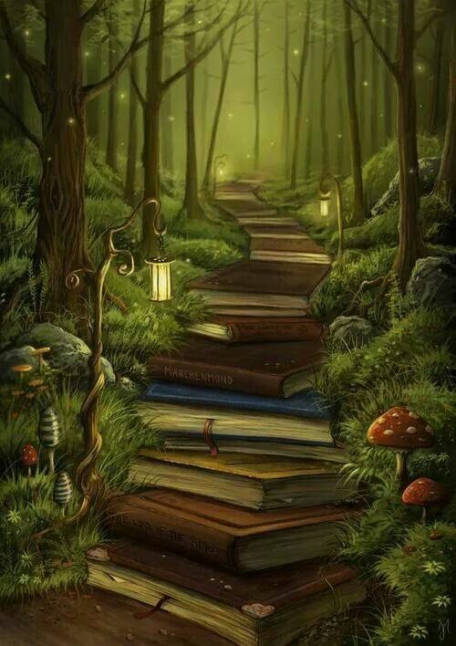 Enchanted forest path made of books, adorned with glowing lanterns and surrounded by mushrooms and greenery.
