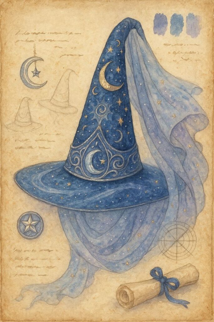 Magic-themed illustration of a blue wizard hat with crescent moon and stars, sketch elements in background.