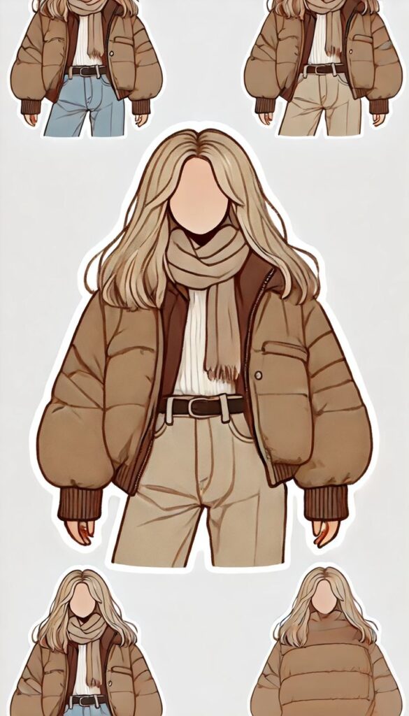 Fashion illustration of cozy winter outfits: puffer jackets, scarves, and neutral pants.