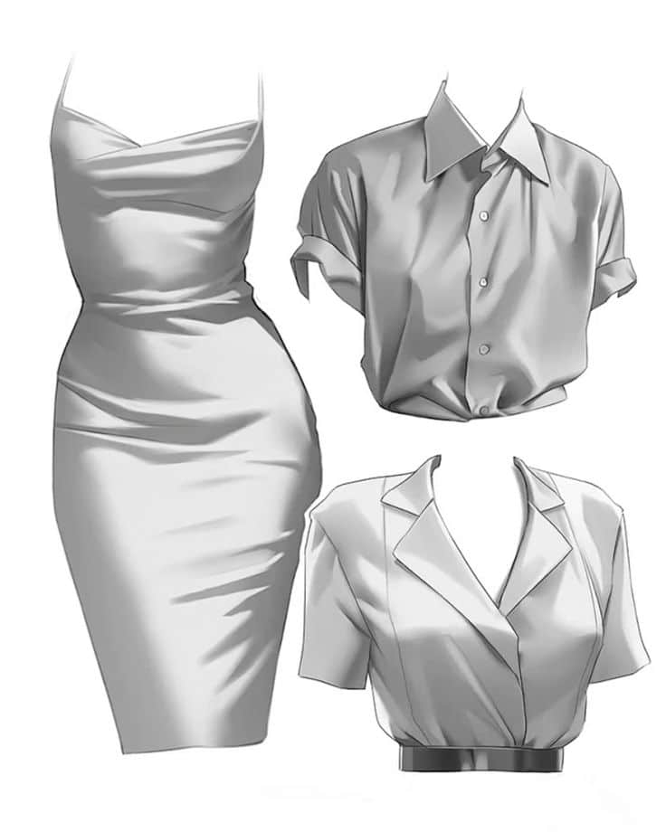 Illustration of a silver dress, short-sleeved shirt, and collared top, showcasing stylish women's fashion options.