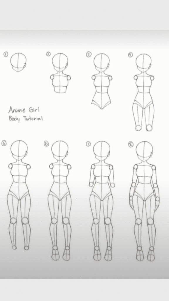 Sequential guide to drawing an anime girl body, showcasing each step from head to full form.
