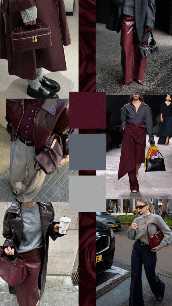 Chic winter fashion collage with burgundy accents and stylish streetwear looks for modern elegance.