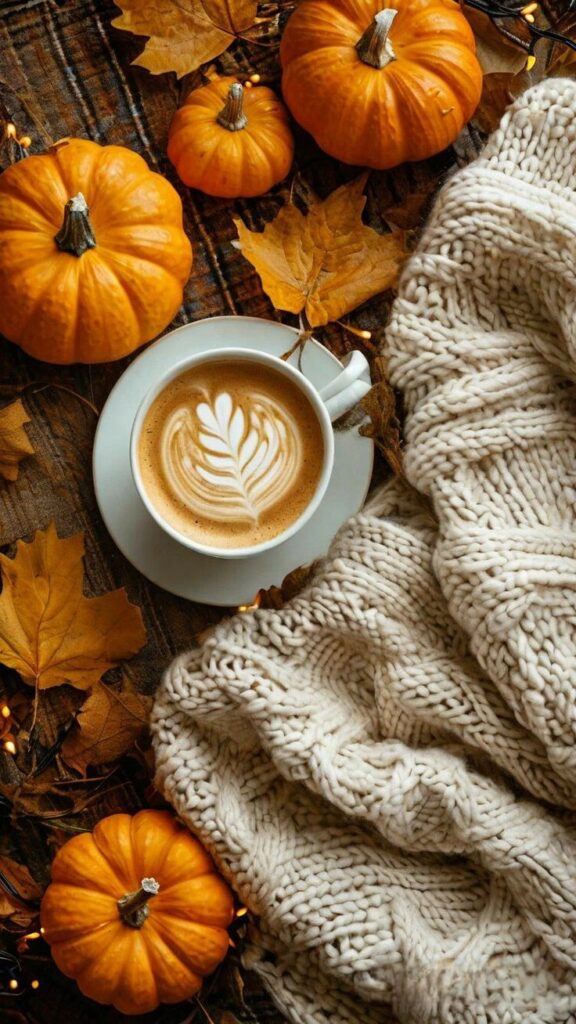 Cozy autumn scene with a latte, pumpkins, and a knit blanket on a wooden surface.