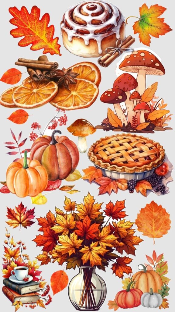 Autumn collage: cinnamon roll, dried oranges, mushrooms, pumpkins, pie, leaves, Vase with leaves, coffee, and books.