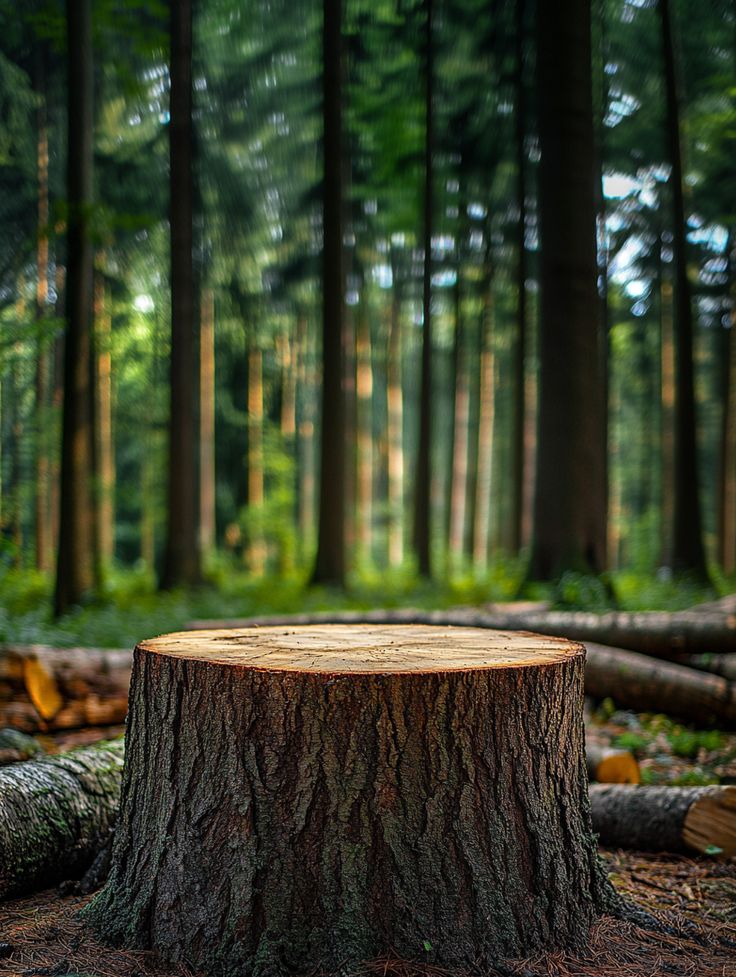 Tree stump in forest clearing surrounded by tall trees, symbolizing deforestation and nature conservation.