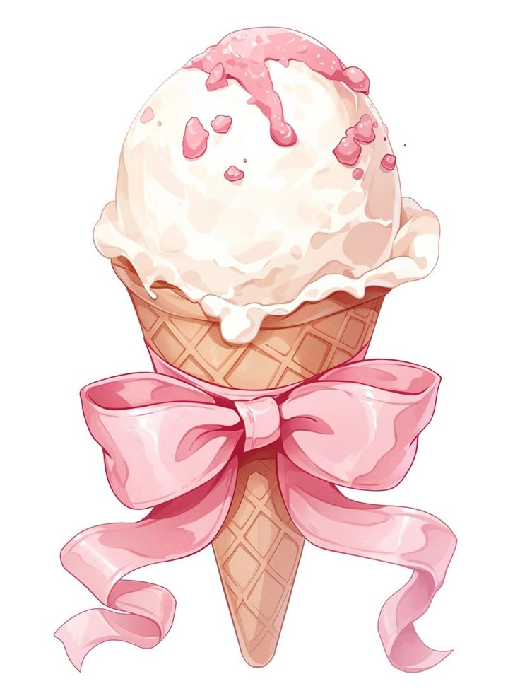 Ice cream cone with pink sprinkles and a decorative pink ribbon, perfect for sweet dessert-themed designs.