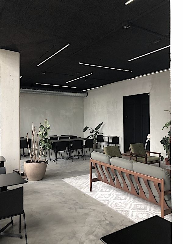 Modern cafe interior with minimalist design, featuring sleek furniture, potted plants, and ambient lighting.