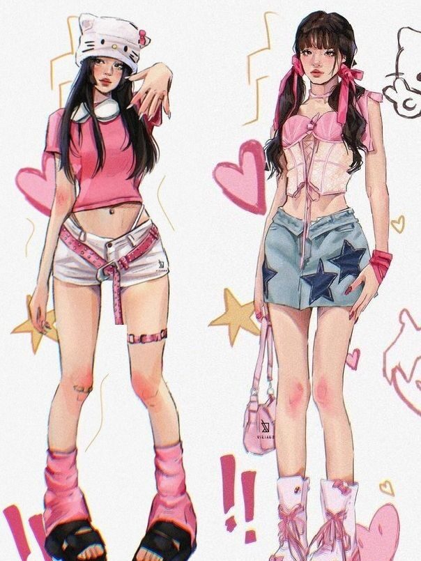 ☆ Anime-style fashion art featuring two characters in pink and blue outfits with playful accessories and heart motifs. | Sky Rye Design Anime-style fashion art featuring two characters in pink and blue outfits with playful accessories and heart motifs.