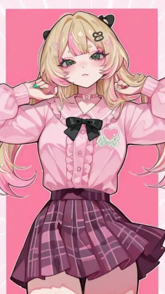 ☺️ Anime character with long blonde hair, wearing a cute pink sweater with bows and a plaid skirt, on pink background. | Sky Rye Design Anime character with long blonde hair, wearing a cute pink sweater with bows and a plaid skirt, on pink background.