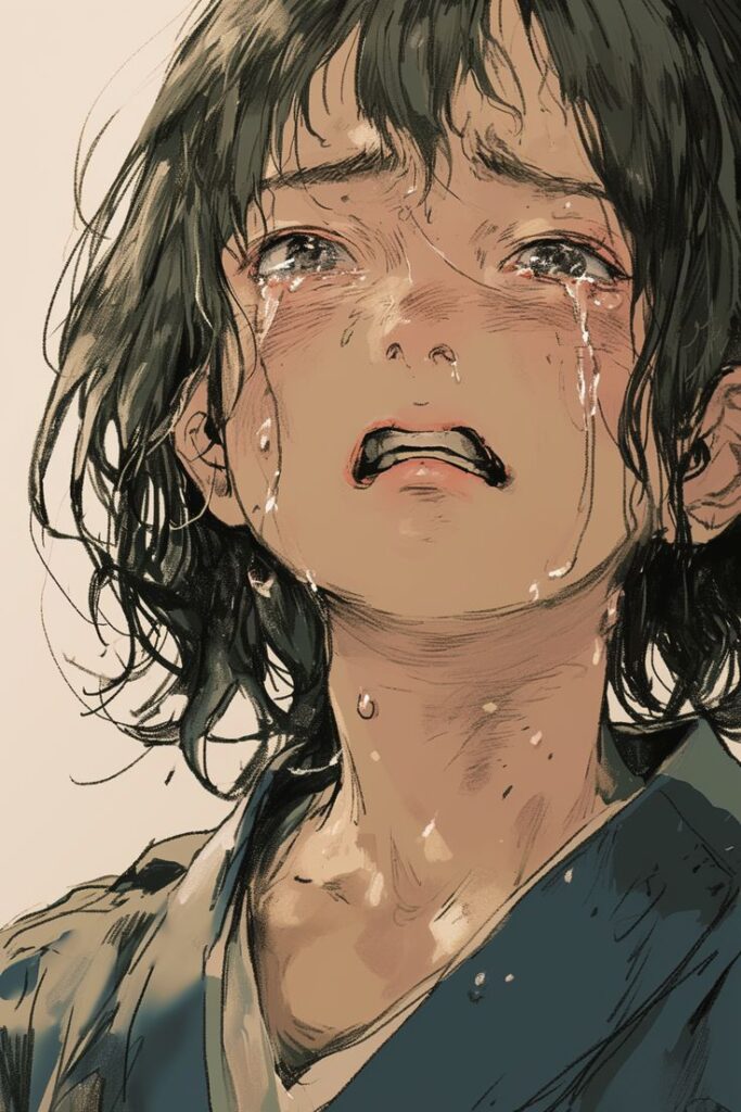 Crying anime character with tears streaming down face, expressing deep emotion and sadness.