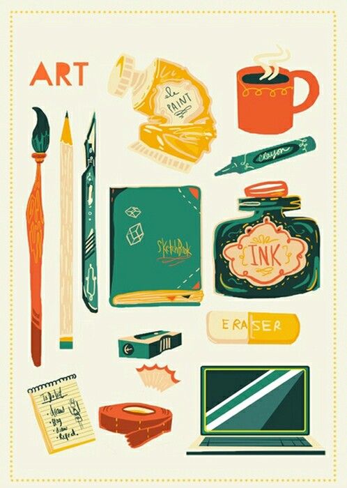 Art supplies illustration with sketchbook, paintbrush, pencil, ink, laptop, and other creative tools on cream background.