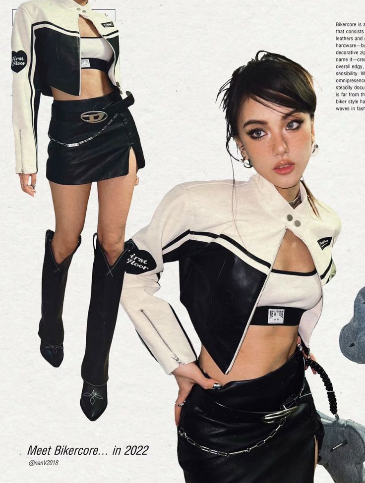 Fashion-forward biker-inspired outfit with leather jacket, mini skirt, and boots, showcasing edgy style trends.