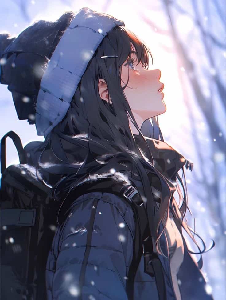 Anime girl wearing winter clothes looking up at snowflakes in a serene snowy forest scene.