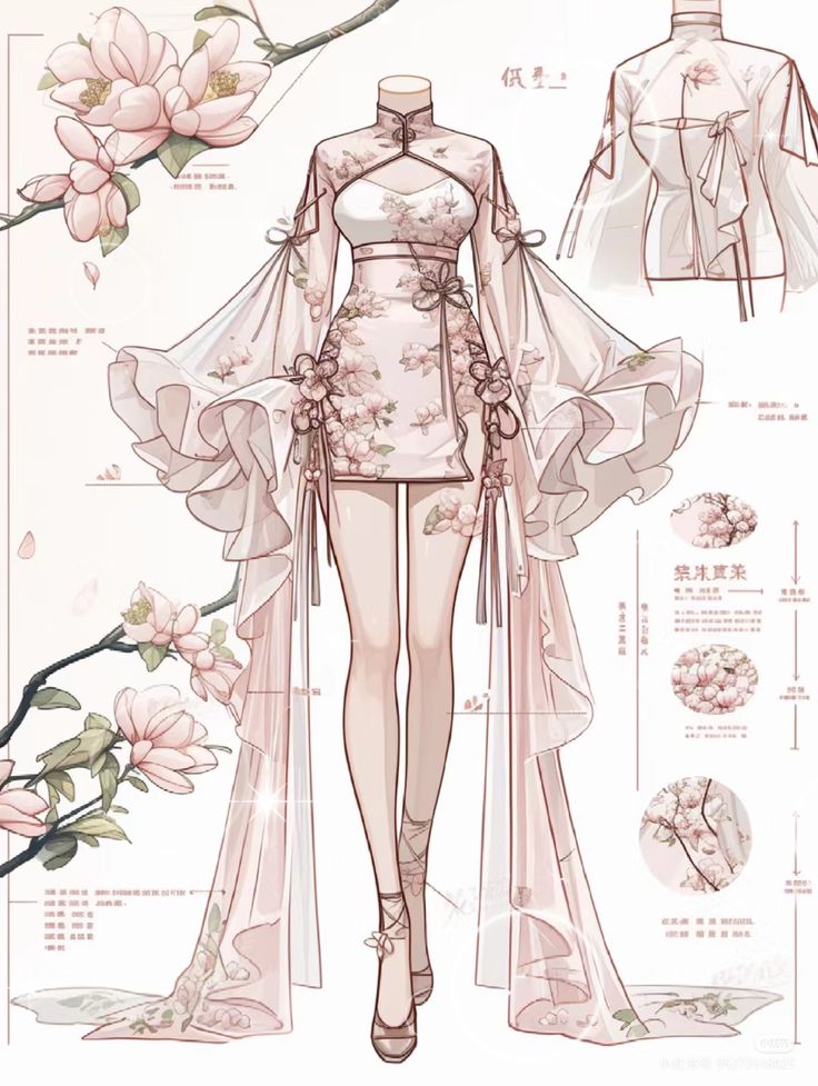 Elegant floral dress design with pink magnolia pattern and flowy sleeves, featuring detailed illustrations and annotations.