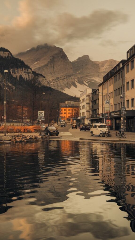 Street scene with buildings and cars, reflecting in water, against a backdrop of rugged mountains under a cloudy sky.