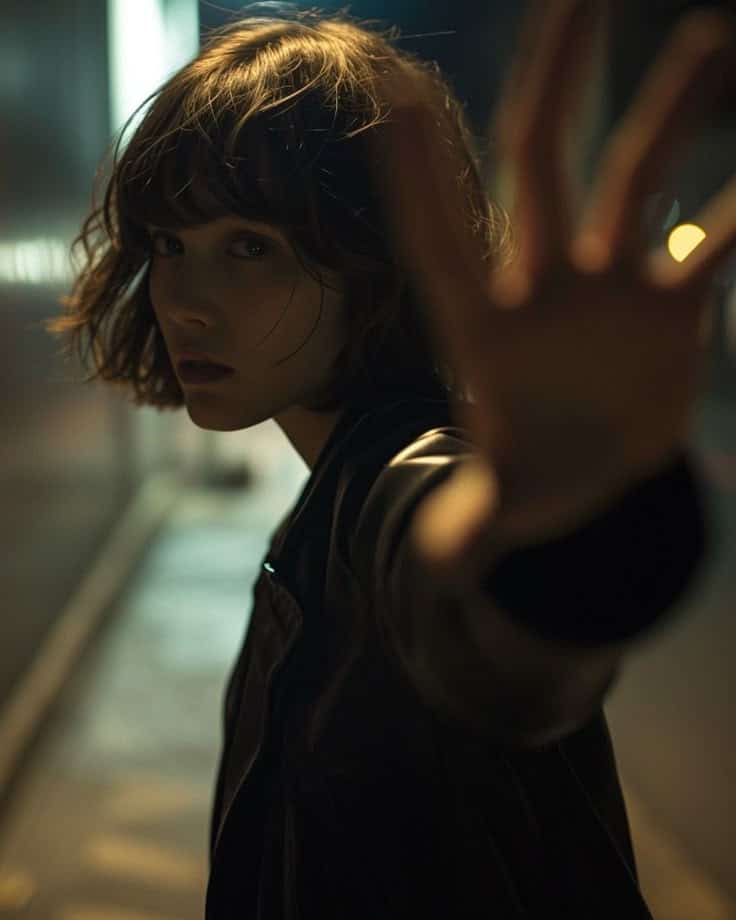 Mysterious woman in leather jacket reaching out on a dimly lit street at night.