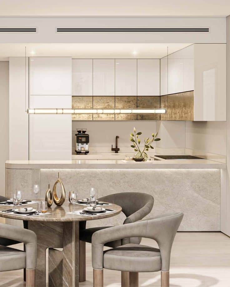 🌟 Safa Gate at Sheikh Zayed Road The Ultimate Modern kitchen and dining area with marble surfaces, sleek cabinetry, and elegant decor elements. | Sky Rye Design Modern kitchen and dining area with marble surfaces, sleek cabinetry, and elegant decor elements.