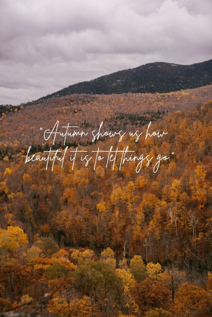Autumn landscape with colorful trees and mountains, featuring the quote Autumn shows us how beautiful it is to let things go.