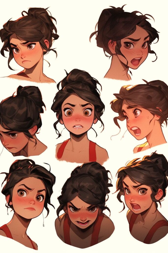 Cartoon character with various facial expressions, including anger and confusion, showcasing diverse emotions.