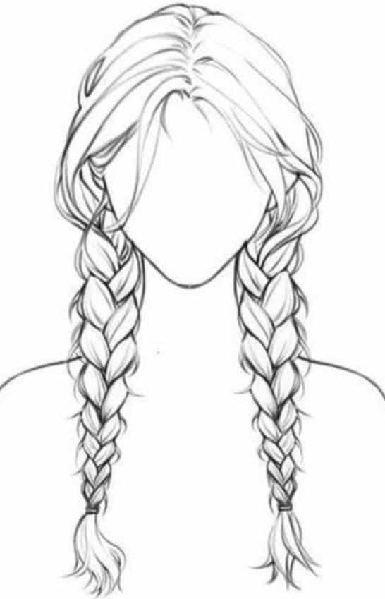 Drawing of a woman with two long braided pigtails and no facial features, showcasing hairstyle details.