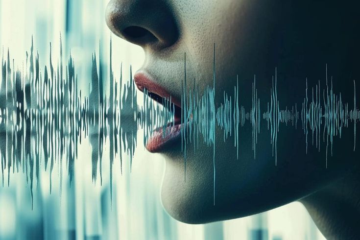 Close-up of person speaking, illustrated by sound waves. Voice technology and communication concept.