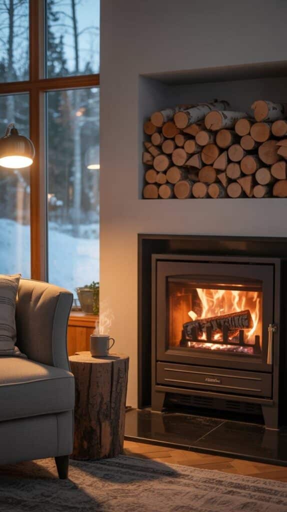 🔥 28 Stove Fireplace Ideas That Will Cut Your Heating Bill By 40 💸 Cozy living room with a roaring fireplace, stacked firewood, armchair, and a steaming mug on a wooden table. | Sky Rye Design Cozy living room with a roaring fireplace, stacked firewood, armchair, and a steaming mug on a wooden table.