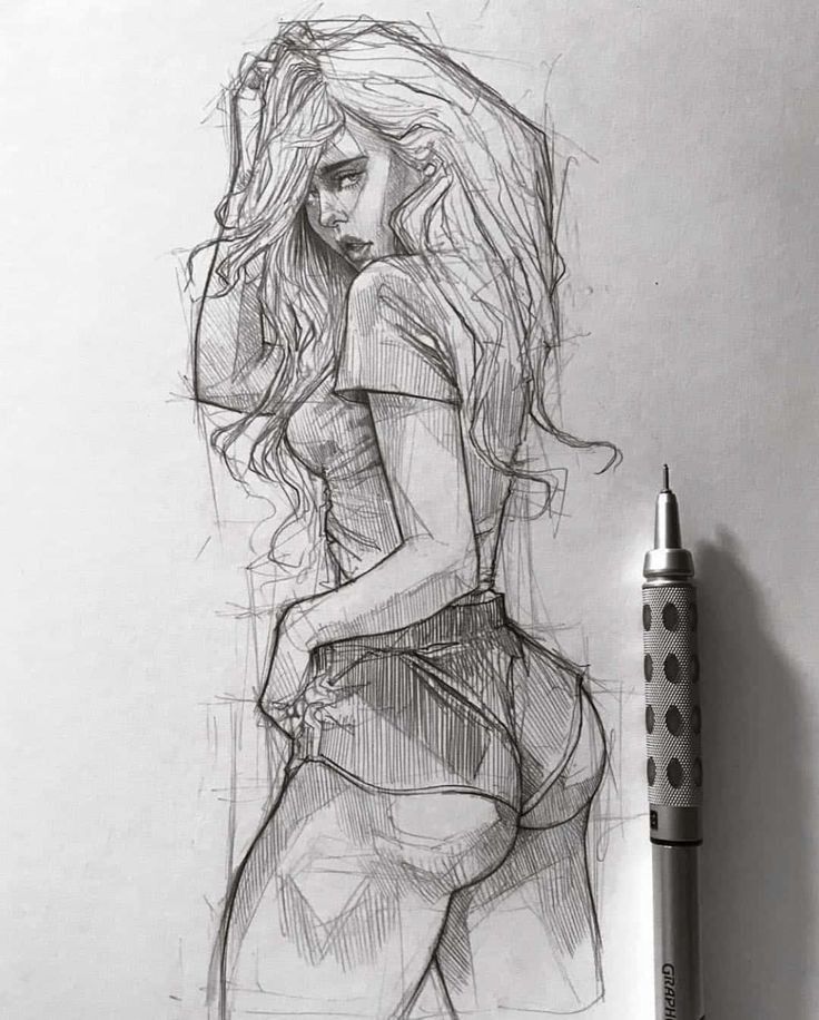 Pencil sketch of a woman with flowing hair, wearing a top and shorts, beside a mechanical pencil on paper.