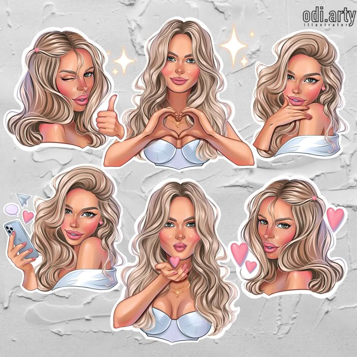 🤩Personalized Digital Stickers🥰 Why settle for Illustrated female characters with various expressions, including heart hands, thumbs up, and blowing a kiss. | Sky Rye Design Illustrated female characters with various expressions, including heart hands, thumbs up, and blowing a kiss.