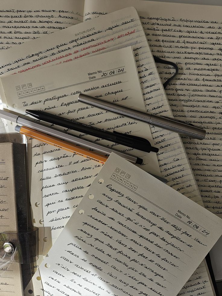 Notebooks with handwritten notes in French, accompanied by pens on a cluttered desk.