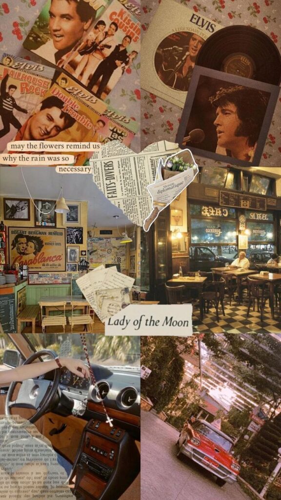 Без названия 2 Vintage collage with Elvis records, retro cafes, classic cars, and nostalgic quotes for a nostalgic 60s vibe. | Sky Rye Design Vintage collage with Elvis records, retro cafes, classic cars, and nostalgic quotes for a nostalgic 60s vibe.