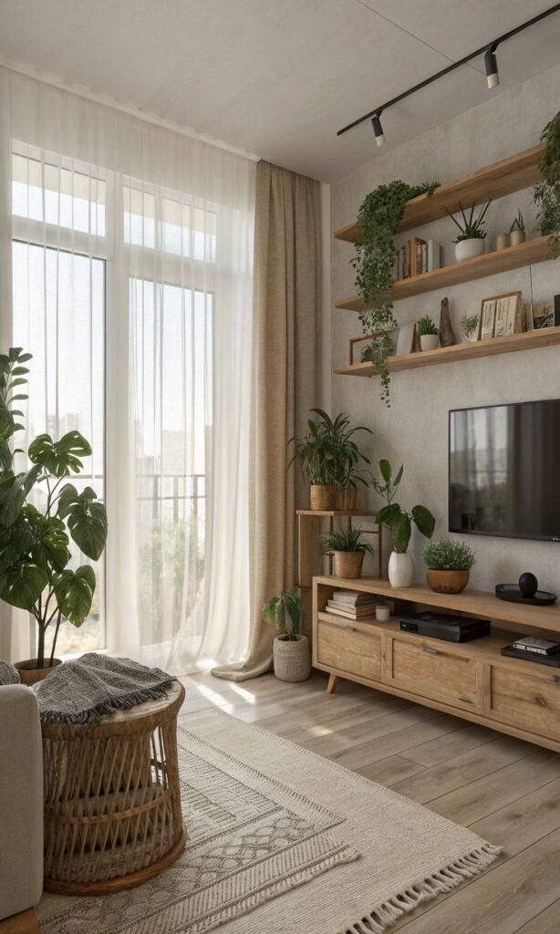 Организация пространства в доме Cozy living room with wooden shelves, green plants, and a TV unit, bathed in natural light from large windows. | Sky Rye Design Cozy living room with wooden shelves, green plants, and a TV unit, bathed in natural light from large windows.