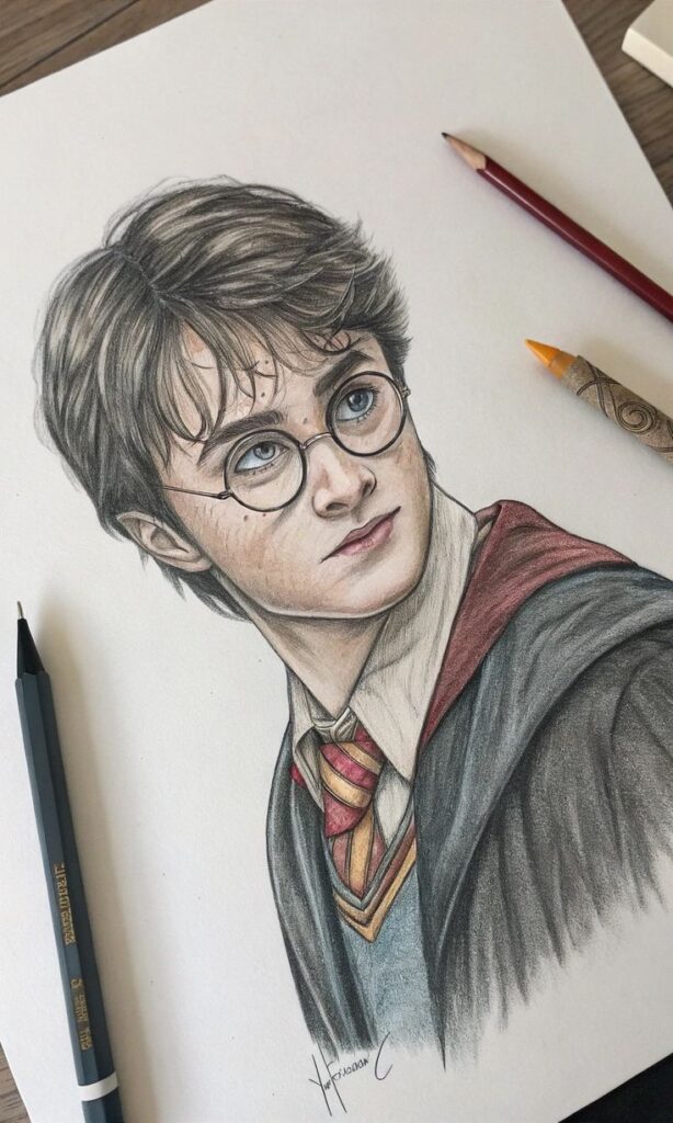 Простой Штрих Drawing of a young wizard in glasses and a red tie next to colored pencils on a wooden table. | Sky Rye Design Drawing of a young wizard in glasses and a red tie next to colored pencils on a wooden table.
