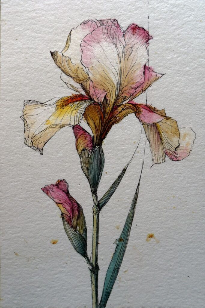 Скетч акварель та графіка ботаніка квітка - ШІ Shekira Art StudioSpace - AI Illustrated iris flower with pink and yellow petals on a textured paper background. | Sky Rye Design Illustrated iris flower with pink and yellow petals on a textured paper background.