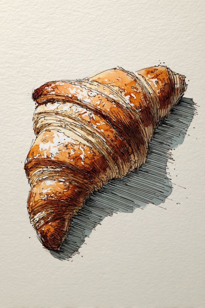Скетч акварель та графіка їжа круасан - ШІ Shekira Art StudioSpace - AI Illustration of a freshly baked croissant showcasing its flaky, golden crust on a light background. | Sky Rye Design Illustration of a freshly baked croissant showcasing its flaky, golden crust on a light background.