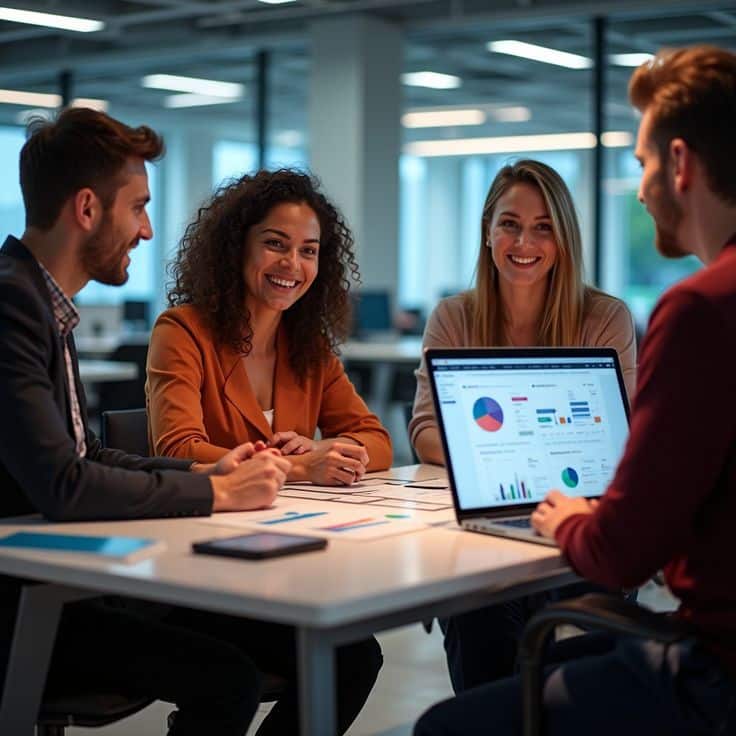 гоыкеруфкрпЦЫ Team meeting in office analyzing data on laptop, discussing project strategy. | Sky Rye Design Team meeting in office analyzing data on laptop, discussing project strategy.