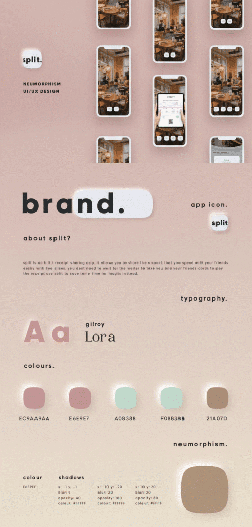 завантаження 25 Neumorphism UI/UX design for Split app showcasing app icon, typography, and color palette with sample screens. | Sky Rye Design Neumorphism UI/UX design for Split app showcasing app icon, typography, and color palette with sample screens.