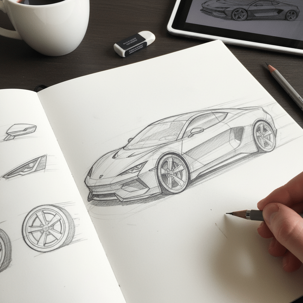 завантаження 29 Auto designer sketching a sleek sports car in a notebook, with tablet and coffee cup on desk. | Sky Rye Design Auto designer sketching a sleek sports car in a notebook, with tablet and coffee cup on desk.