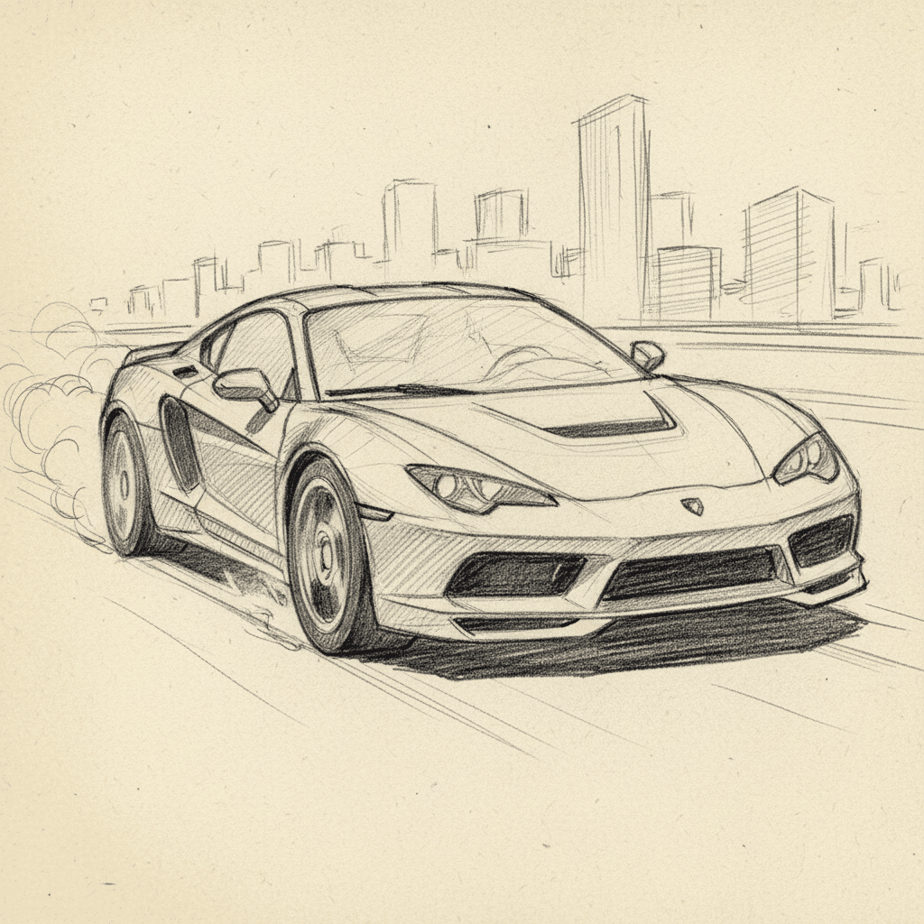 завантаження 30 Pencil sketch of a sleek sports car drifting on a city street with skyscrapers in the background. | Sky Rye Design Pencil sketch of a sleek sports car drifting on a city street with skyscrapers in the background.