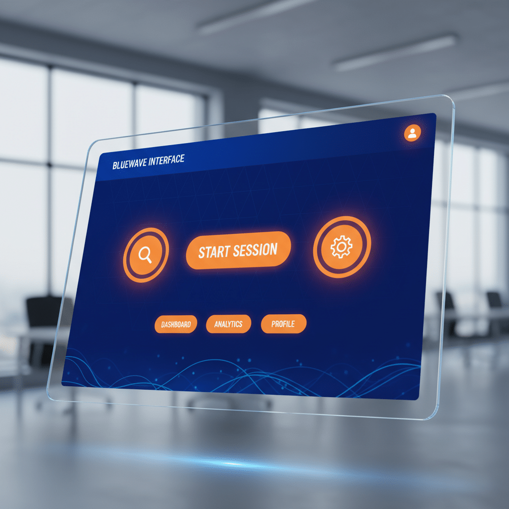 завантаження 32 Futuristic digital interface with start session and settings icons, featuring dashboard, analytics, profile options. | Sky Rye Design Futuristic digital interface with start session and settings icons, featuring dashboard, analytics, profile options.