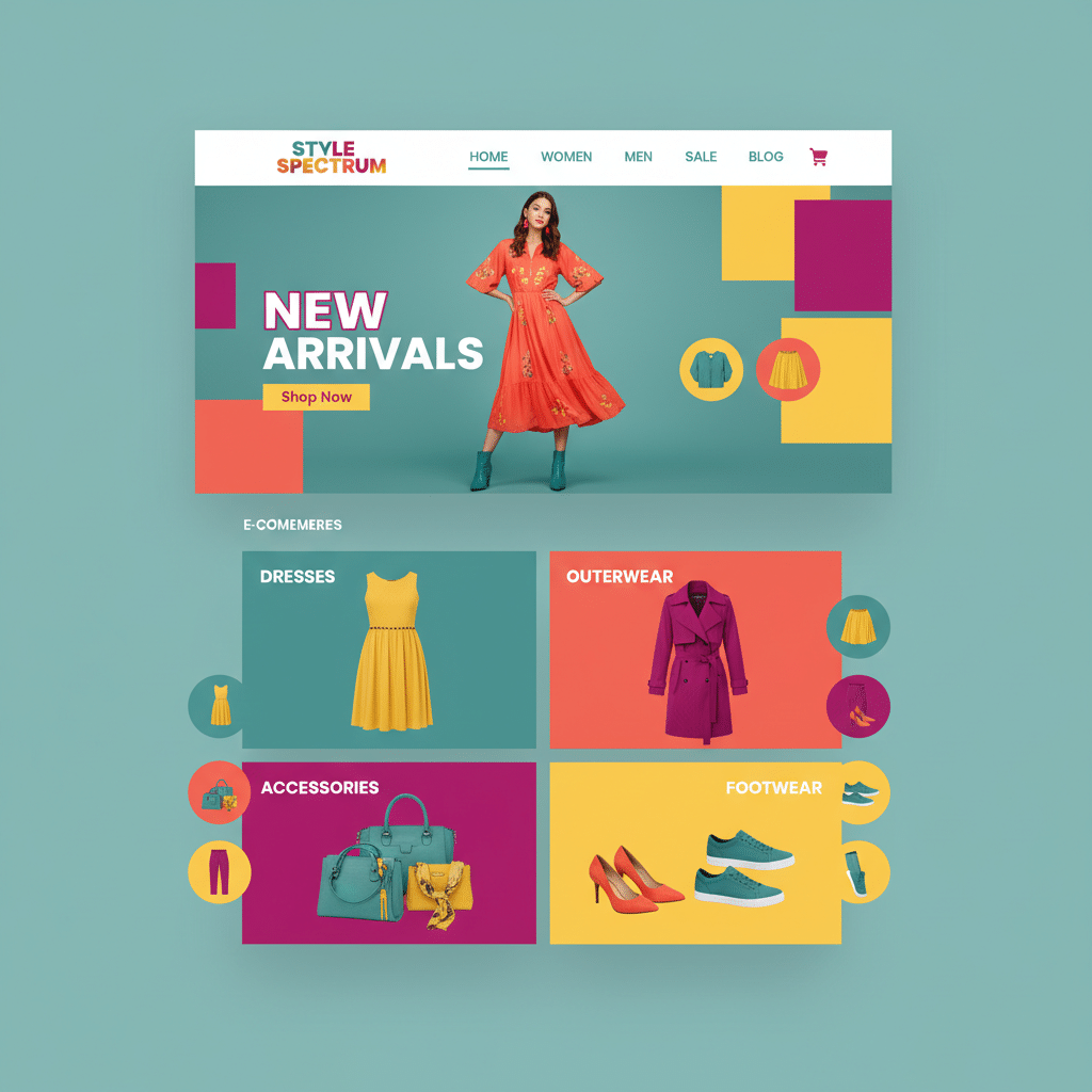 завантаження 34 Fashion website homepage featuring new arrivals with vibrant dresses, outerwear, accessories, and footwear. | Sky Rye Design Fashion website homepage featuring new arrivals with vibrant dresses, outerwear, accessories, and footwear.